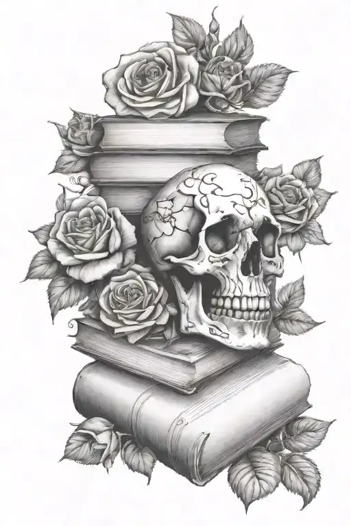 Stack Of Books With Skull On Top Surrounded By Roses And Vines
