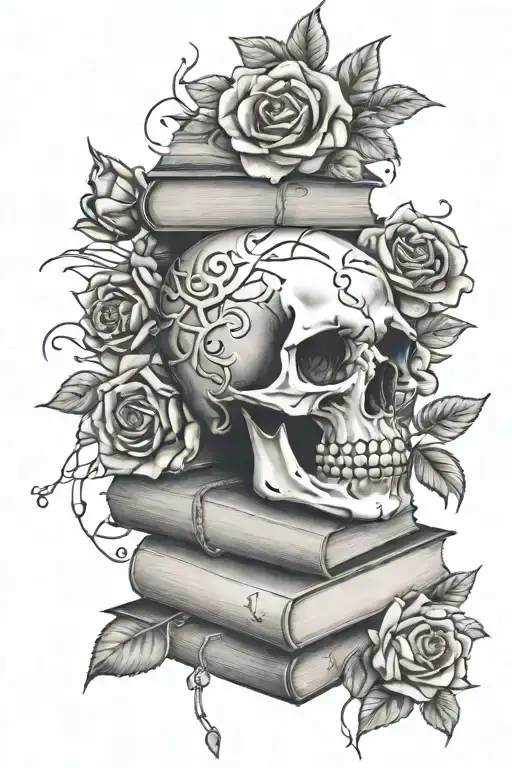 Stack Of Books With Skull On Top Surrounded By Roses And Vines