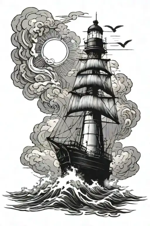 A Ship Traveling In Stormy Water Towards A Lighthouse In The Sun