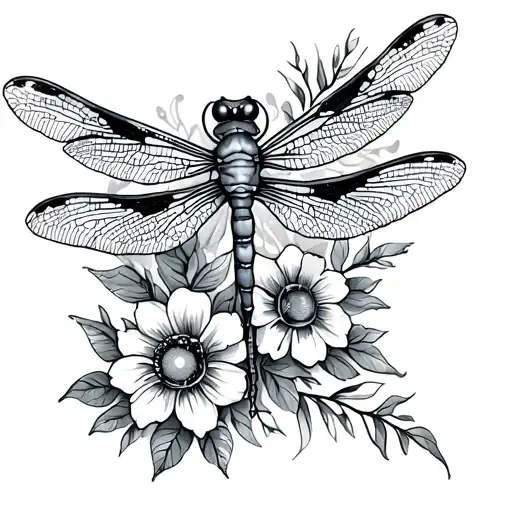 Dragonfly With Sun And Flowers Sternum Tattoo Design