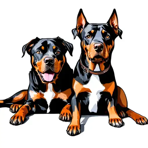 Red Dober Man Dog And Rottweiler Sitting Together