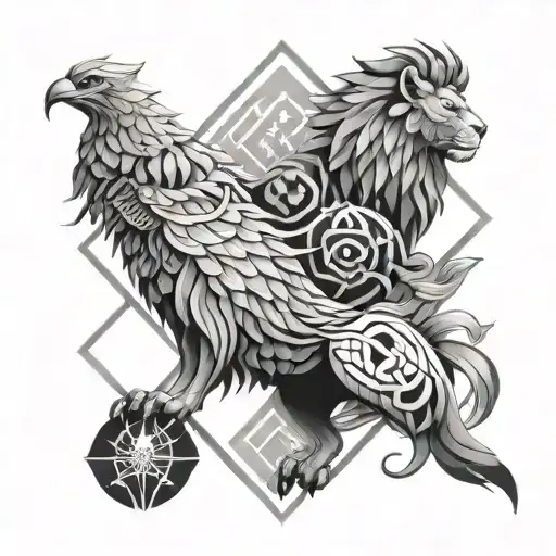A Lion And Phoenix In A Geometric Pattern Representing Balance And Harmony