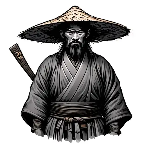 Japan Ronin Wearing A Straw Hat Standing
