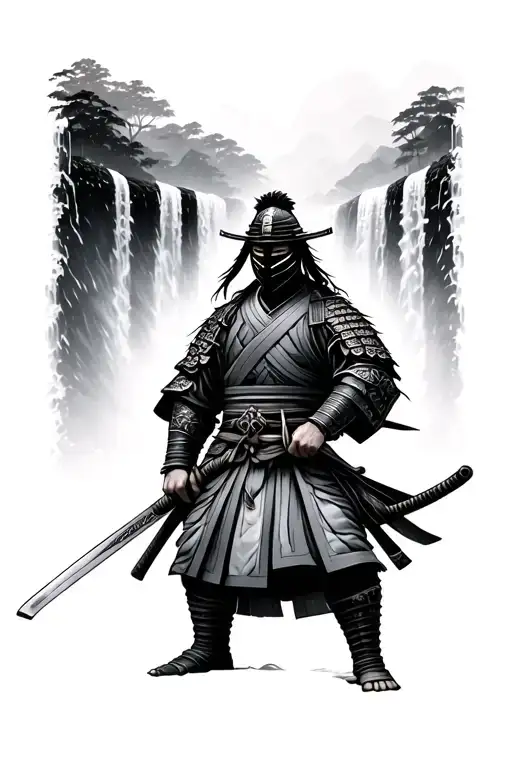 Japanese Samurai Warrior Wearing Mask Holding A Katana Standing Sideways With Waterfall Behind Him