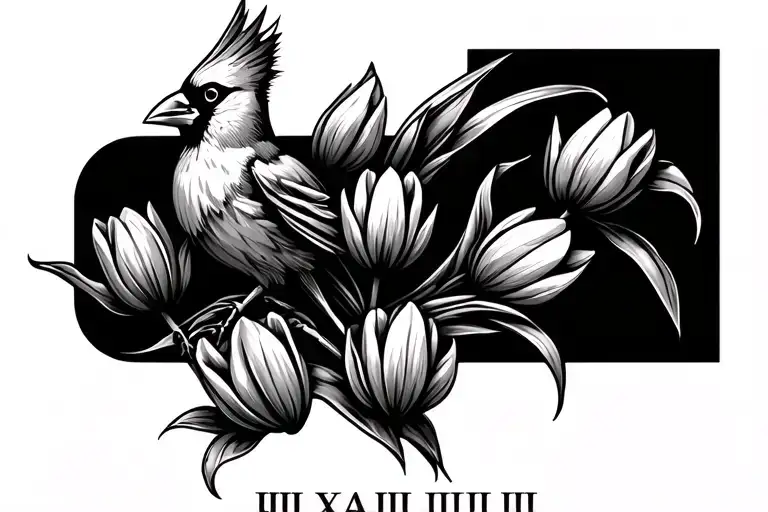 Horizontal Cardinal With Tulips Around It And Roman Numerals At The Bottom