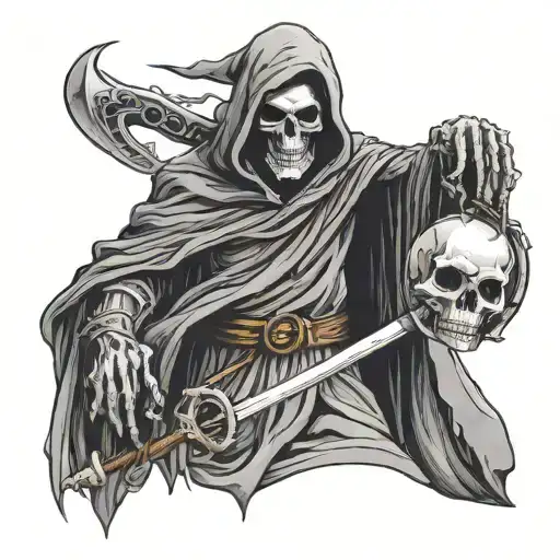 Black And Grey Grim Reaper With Scythe And Crystal Ball