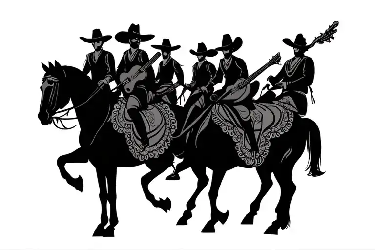 Mariachi Band Members On A Long Horse