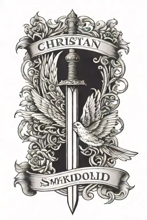 Christian Sword Tattoo With A Dove At The Handle And An Inscription On The Blade