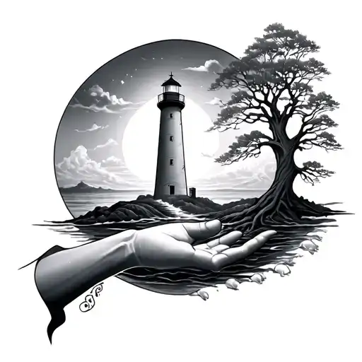 A Lighthouse And A Tree Of Life For A Full Arm To The Hand