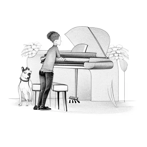 A Black And Grey Portrait Of A Musician Playing Piano With A Dog Sitting Beside