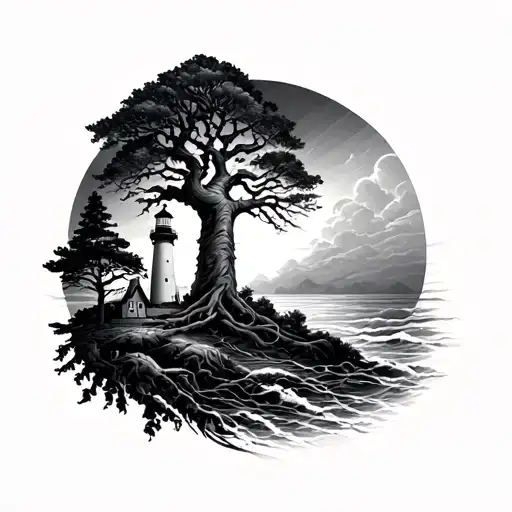 A Lighthouse And A Tree Of Life On A Full Arm To The Hand Man