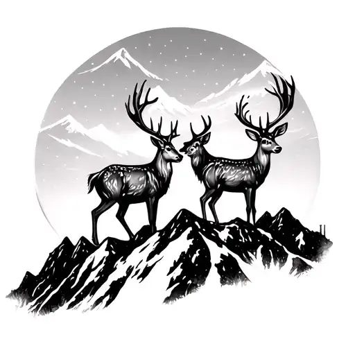 Stag And Doe Standing Atop A Mountain