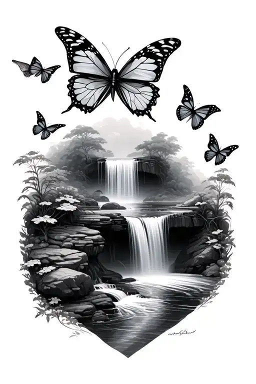 Waterfall With Butterflies Flying