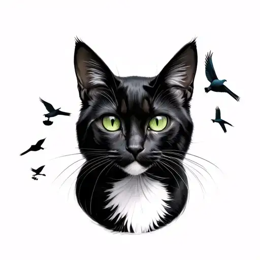 Full Body Black Cat With A White Spot On Chest And Green Eyes With Birds F C Barcelona