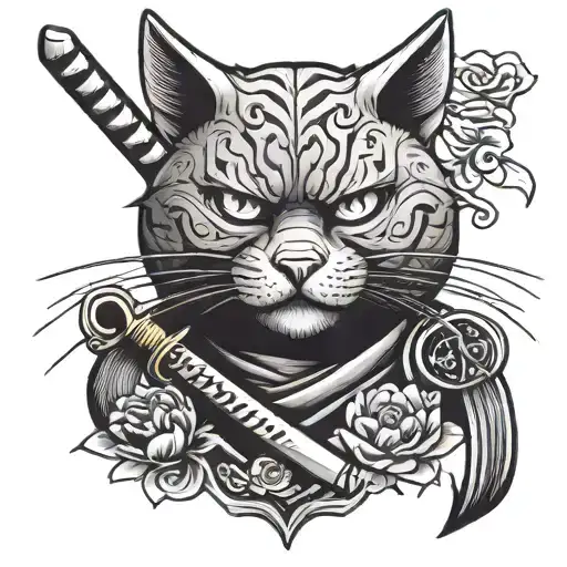 Japanese Style Cat Head With Katana