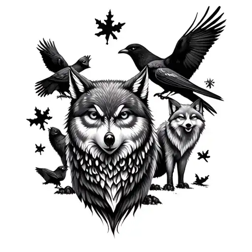 Sleeve Bear Wolf Owl Foxes In The Forest With Crows