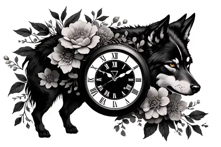 Wolf Clock And Flowers Wrapped