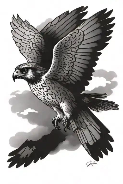 Flying Little Falcon Against The Background Of Snowy Mountains And Clouds