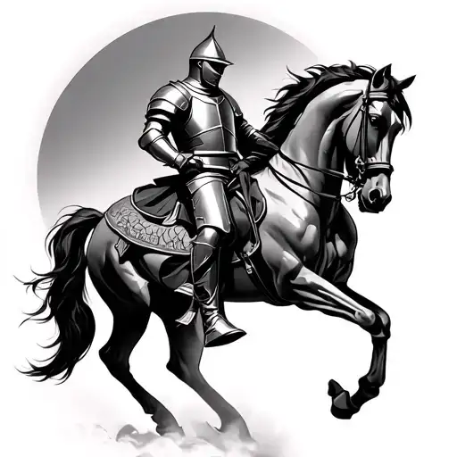 A Knight In Armor On His Horse With His Horse's Left Leg In The Air
