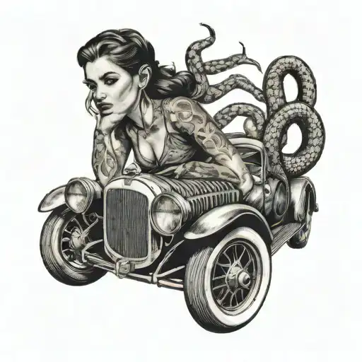 A Girl Riding A Vintage Car With A Snake Coiled Around Her