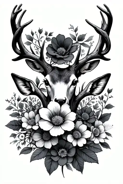Deer Antler Intertwined With Flowers