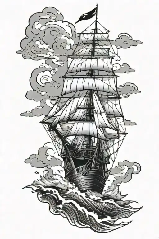 Traditional Clipper Ship Sailing Lighthouse Standing Tall