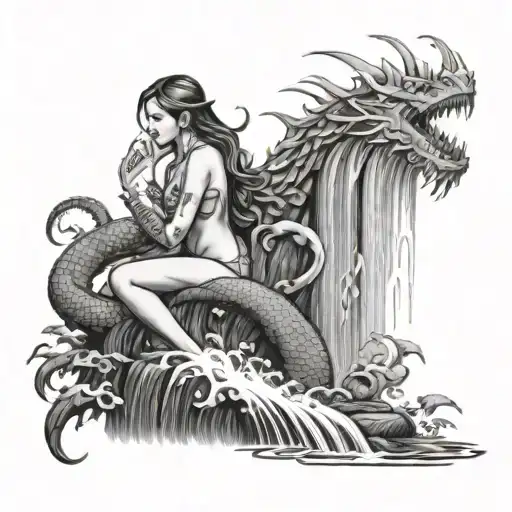 Lady Bathing In Waterfall With Dragon Overhead