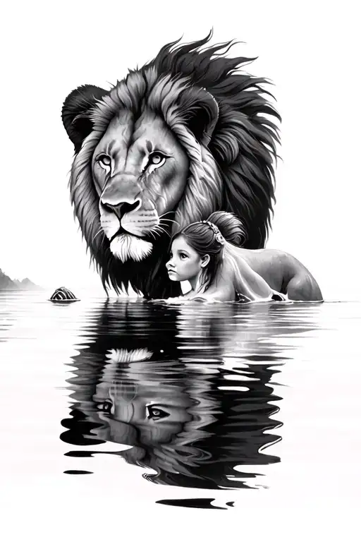 Lion Reflection In Water Of Dad And Daughter