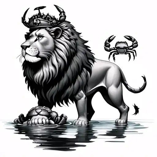 Lion Wearing A Crab Crown With A Baby Crab And Water