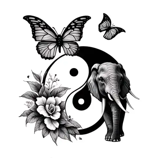 Yin Yang Style Tattoo Featuring An Elephant And Butterfly