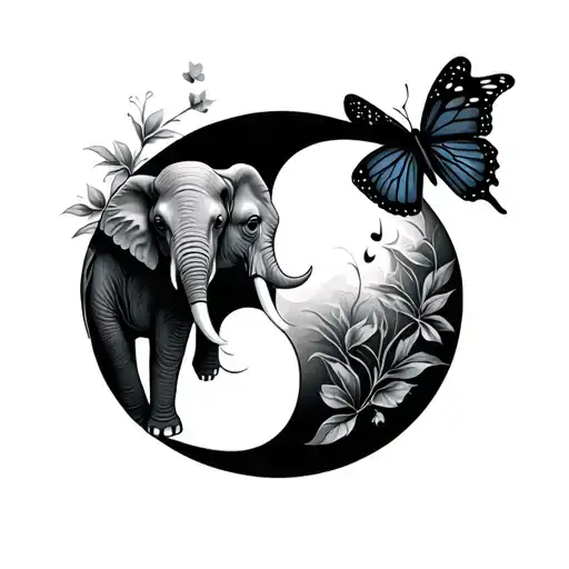 Yin Yang Style Tattoo Featuring An Elephant On One Side And Butterfly On The Other