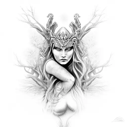 Warrior Goddess Emerging From A Mystical Forest