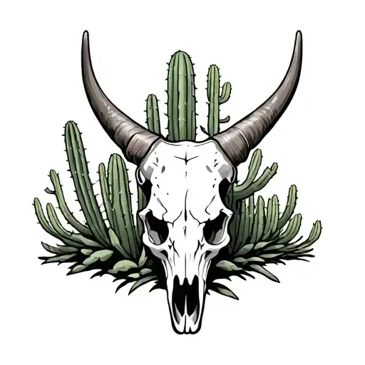 Longhorn Skull With Cactus