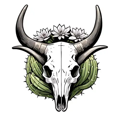 Longhorn Skull With Cactus Under Around It