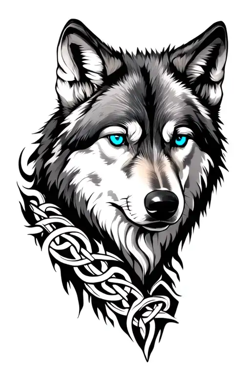 Realistic Wolf With Blue Eyes And Celtic Forearm Sleeve