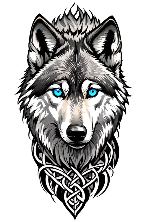 Complete Realistic Wolf With Blue Eyes Tattoo Design Featuring Celtic