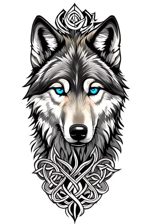 Full Body Realistic Wolf With Blue Eyes Tattoo Design Featuring Celtic
