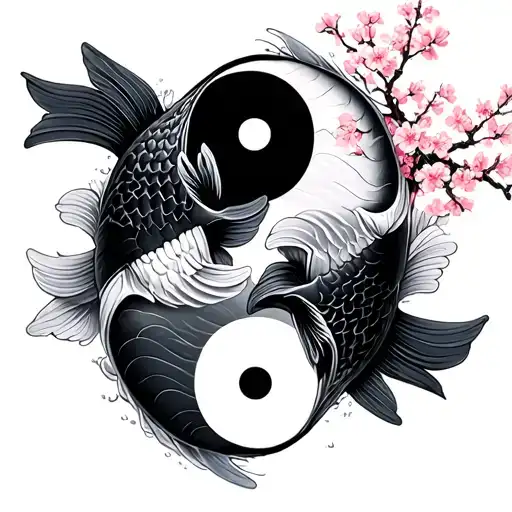 Yin Yang Symbol Made Of 2 Koi Carp With A Background Of Cherry Blossom And Mountains