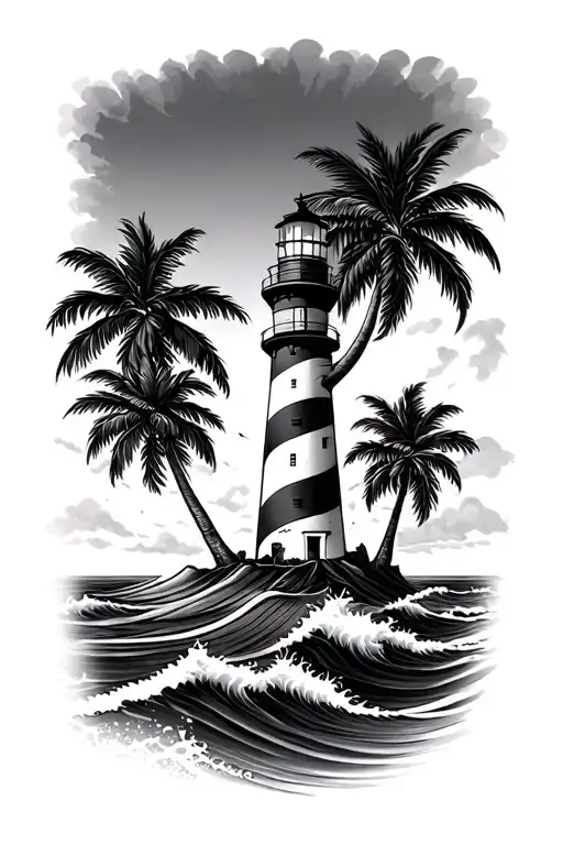 Lighthouse Palm Trees And Waves Flowing