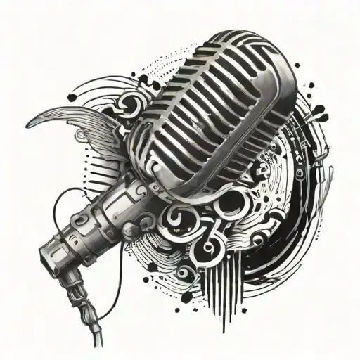 A Detailed Black And Grey Tattoo Of A Vintage Microphone Surrounded By Musical Notes And Sound Waves