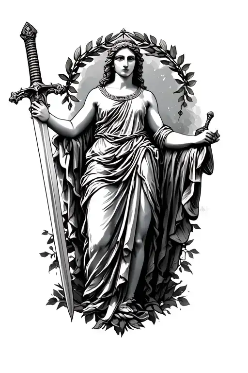 Full Body Roman Goddess Victoria Holding A Sword In One Hand And A Laurel Wreath In The Other