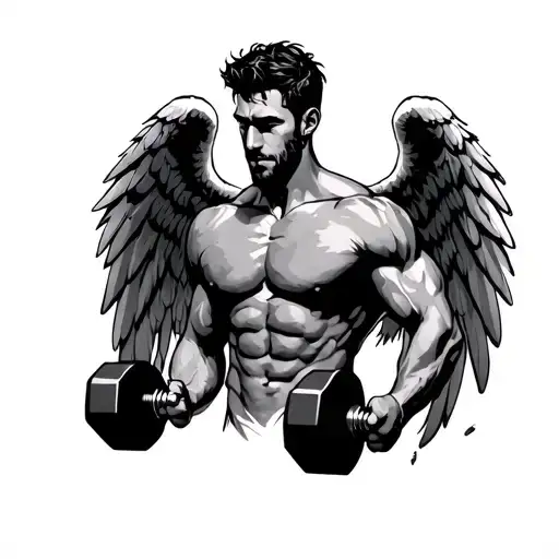 A Men And Whole Gym Body And Angel Wings On Back And Two Dumbbells In His Hands