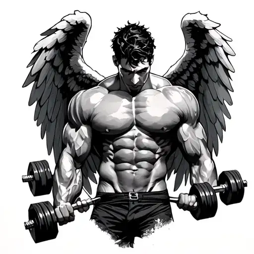 A Men Full Whole Gym Body And Long Angel Wings On Back And Two Dumbbells In His Hands