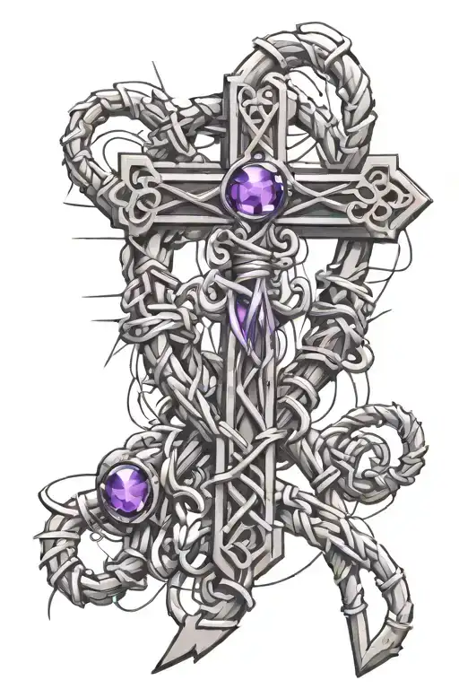 Barbed Wire Ankh With Purple Jewels Tied Into It
