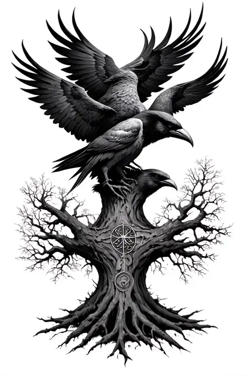 Odin And His Ravens Overlooking Yggdrasil Over Vegvisir