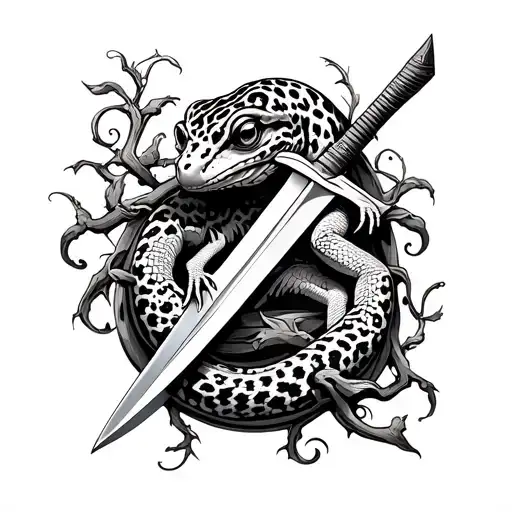 Leopard Gecko Wrapped Around Sword With Vines