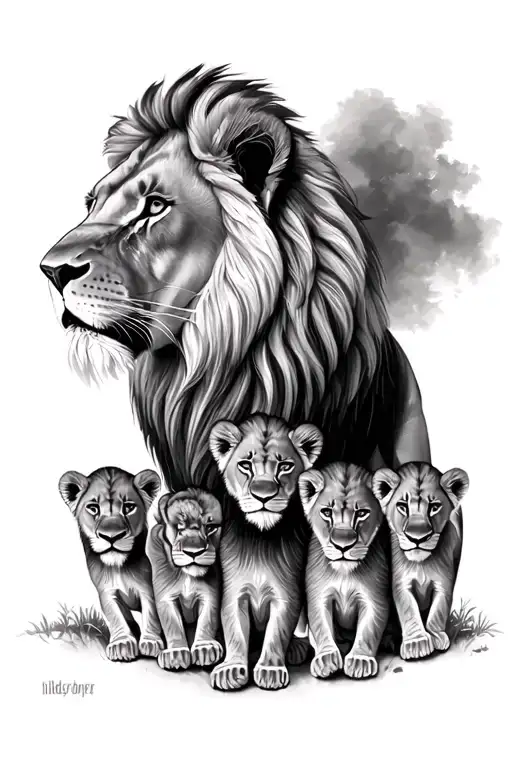 Lion And Lioness With 5 Cubs