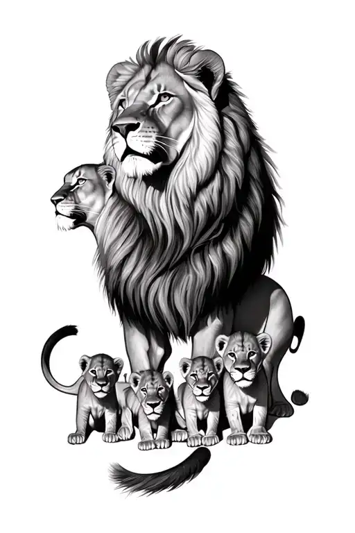 Lion With Lioness With 5 Cubs