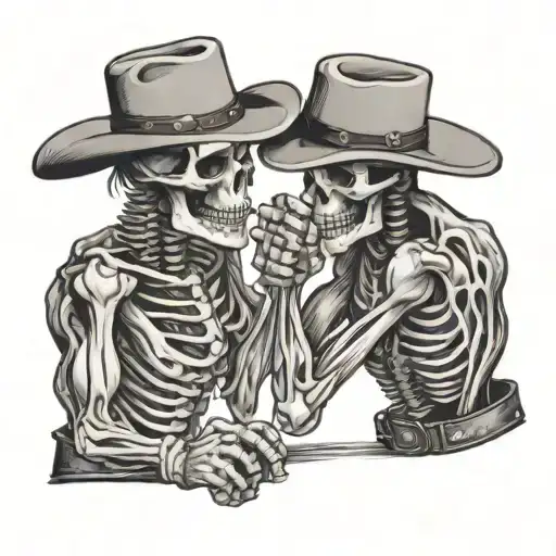 Two Western Cowboy Skeletons Arm Wrestling Match