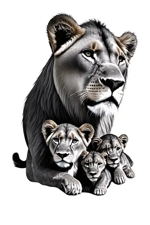 Lion Cuddling Lioness With 5 Cubs Face Only